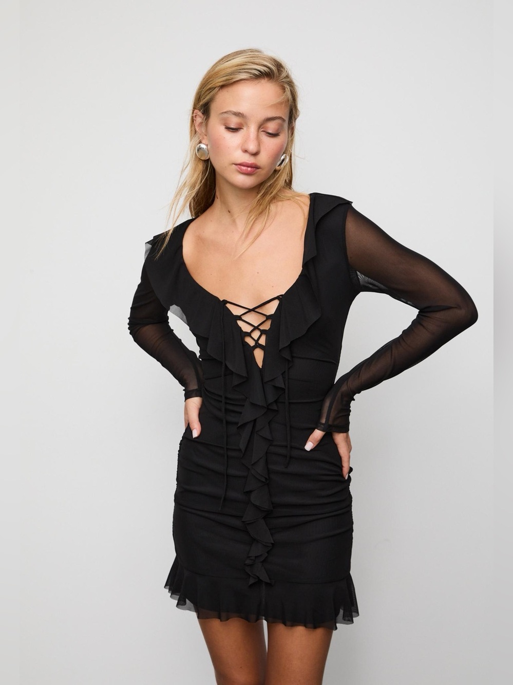 NWT Stradivarius Black Ruffle Tulle Short Dress Size L